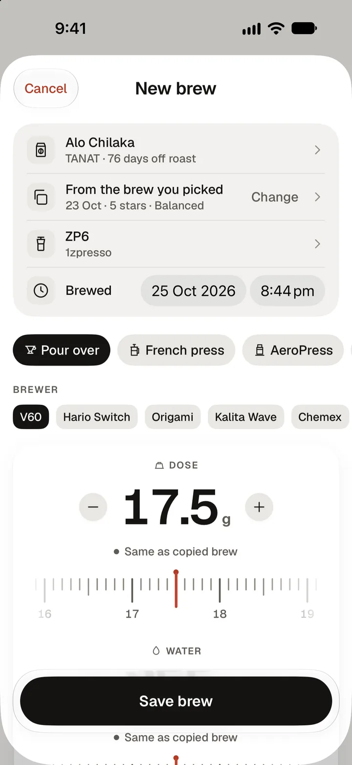 The New brew sheet, prefilled from a recent brew: coffee, grinder, method and brewer, with the dose ruler at 17.5 g.