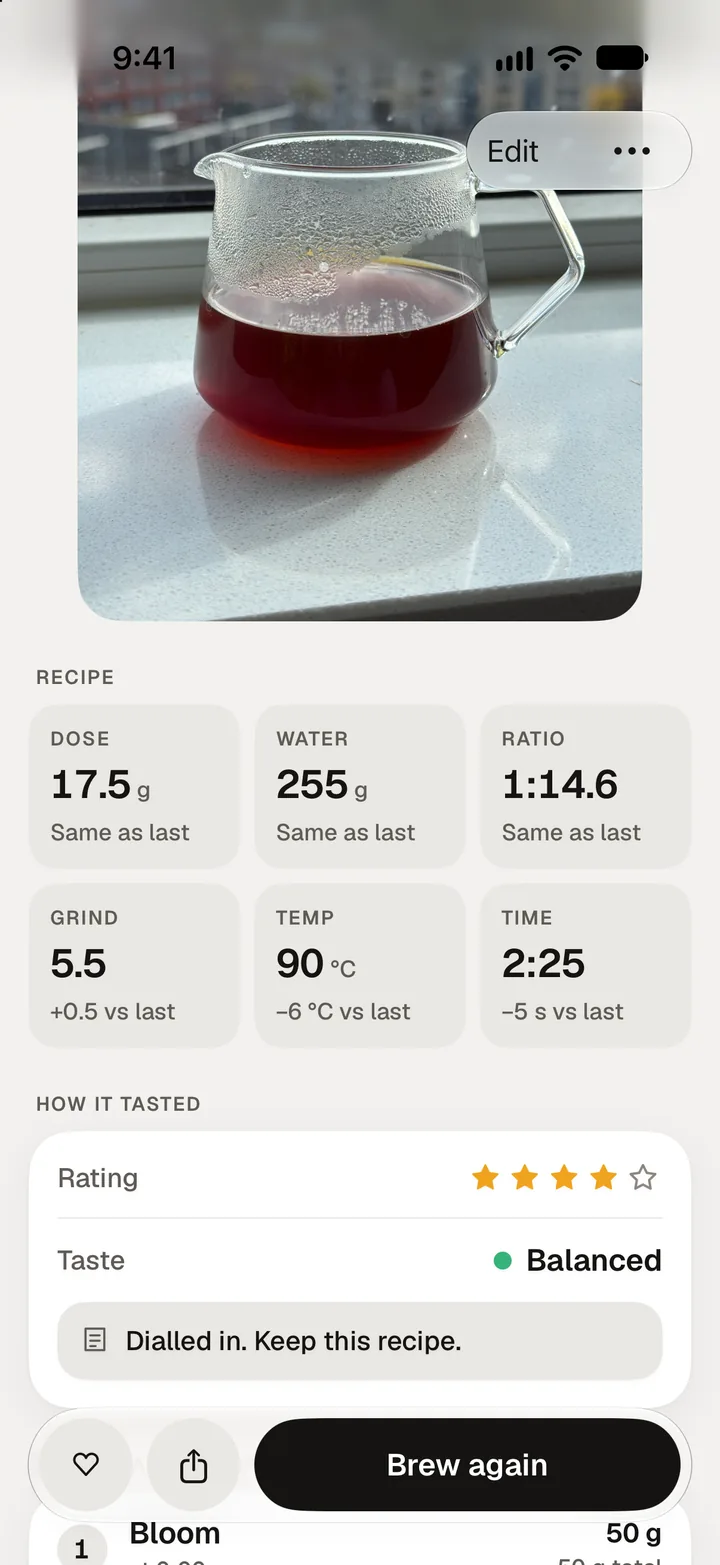 A brew's detail page with a photo of the cup, its recipe compared with the last brew, and the verdict: balanced, dialled in, keep this recipe.