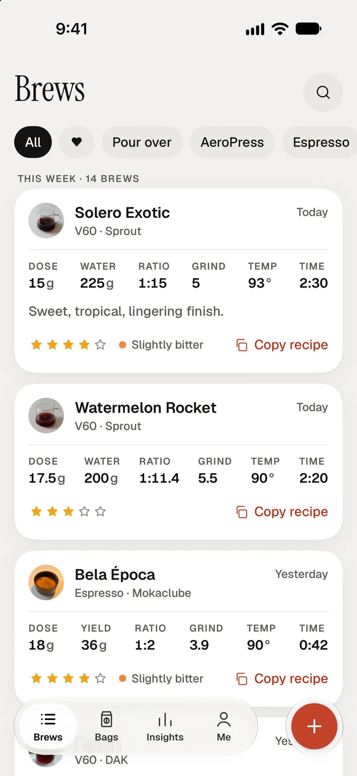 Bloom's Brews tab: a journal of this week's brews, each with its dose, water, ratio, grind, temperature and time, a rating and a taste note.