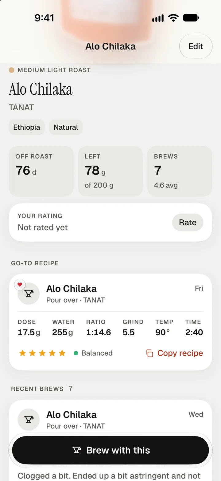 A bag's page showing days off roast, grams left and brew count, its go-to recipe card and a Brew with this button.