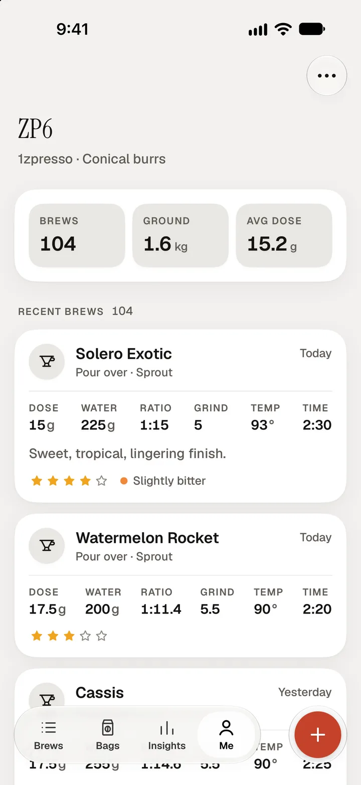 A grinder's page with its total brews, coffee ground and average dose, above its recent brews.