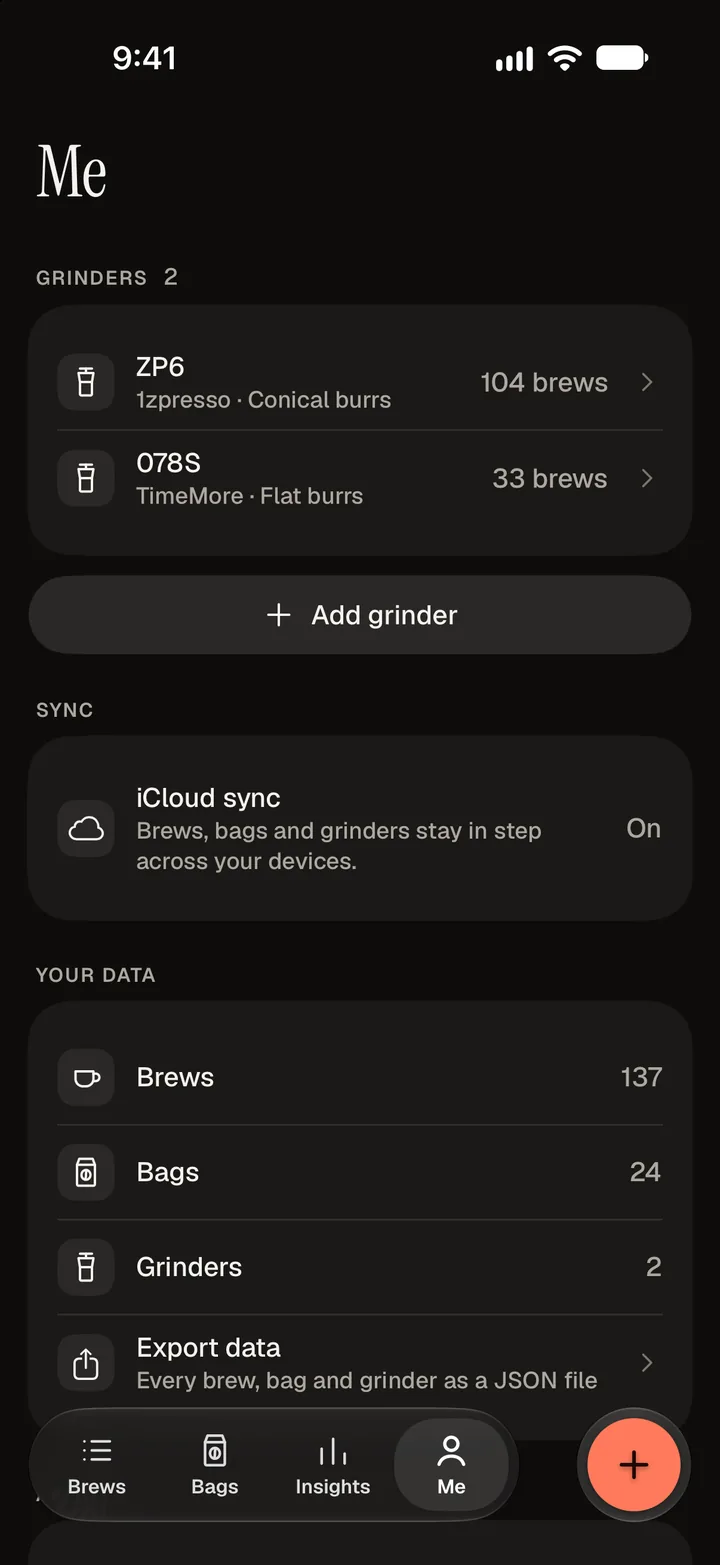 The Me tab in dark mode: two grinders, iCloud sync turned on, and counts of brews, bags and grinders with an Export data row.